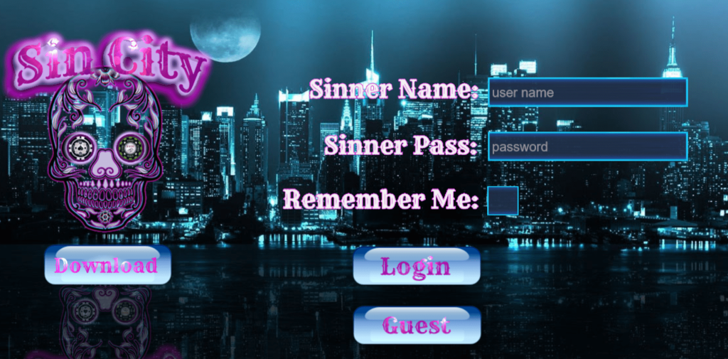 sin city sweeps login screen